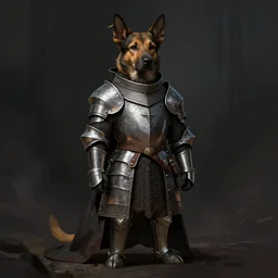 dog wearing medieval suit of armor, illustration, concept art, art by wlop, dark, moody, dramatic
