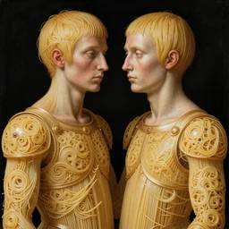 body and face, siamese twins made of spaghetti, intricate armor made of fractals of spagetthi, highly detailed, by giuseppe arcimboldo and ambrosius benson, renaissance, a touch of beksinski and takato yamamoto, realistic