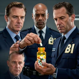 fbi agent takes a capsule from a bottle full of pills, beksinski, wayne barlowe, very coherent symmetrical artwork, cinematic, hyper realism, high detail, octane render, 8 k