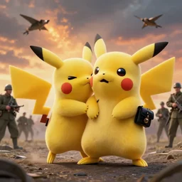 ! pikachu! fighting stalin in ww 2 uniform and a mustache, fighting in world war 2, photorealistic, high detail, realistic, sharp focus, smooth edges, soldiers in the background, dramatic, sky on fire with dogfights in the sky. wide angle