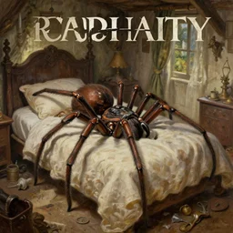 fantasy oil painting, a giant spider resting on a bed, as a dnd character, inside a cluttered bedroom, cottagecore, extremely detailed, book cover illustration, concept art, readability, smooth, sharp focus, art by brothers hildebrandt