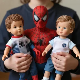 spider - man holds mark zuckerberg dolls in his hands, and pavel durov dolls in the other, realism, maximum detail, high quality, depth of field, soft light, proportions, composition, classicism painting,