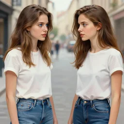two women talking on the street, blue eyes, contemporary setting, wearing jeans and tee shirt, full detailed symetric faces, ultra realistic illustration, intricate, elegant, highly detailed, digital painting, artstation, concept art, smooth, sharp focus, illustration, art by artgerm and greg rutkowski and alphonse mucha