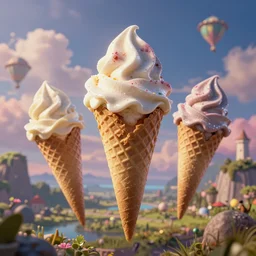 a sky of ice cream cones in a colorful fantasy world, beautiful landscape, dramatic lighting, cinematic, extremely high detail, photorealistic, cinematic lighting, post processed, concept art, artstation, matte painting, style by greg rutkowsky