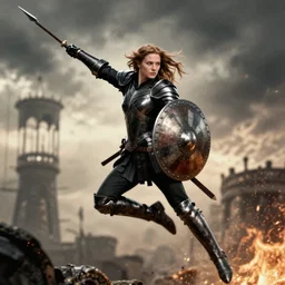 kate beckinsale as ahiles in black armor jumping with spear, round shield in troya movie wallpaper, 4k, high definition art
