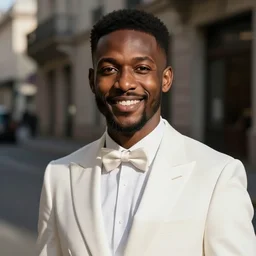face portrait, a black man in white suits on the street, smile