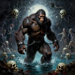 shackled in styx river of the underworld, frank frank frazetta and cgsociety, stunning sasquatch, charlie bowater and tom bagshaw, insanely detailed, deviantart, space art, atoms surrounded by skulls, death, and spirits deep water, blood splatters, horror, sci - fi, surrealist painting, by peter mohrbacher