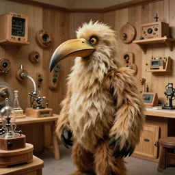 realistic photo of a a hairy furry fluffy birdman, very long beak, in a living room sci - fi laboratory with many wooden gadgets made of wood interior is made of wood 1 9 9 0, life magazine reportage photo, natural colors