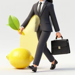 A lemon with arms, with a business suit on, Walking to work with a briefcase, 8k, hyper detailed, HD.