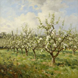 beautiful orchard, fields in the english countryside, summer heat, painting by john constable