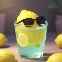 a wholesome animation key shot of lemon swimming in a glass of lemonade, wearing sunglasses, medium shot, waist up, pixar and disney animation, sharp, rendered in unreal engine 5, anime key art by greg rutkowski, bloom, dramatic lighting