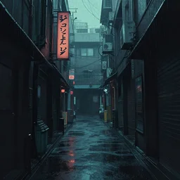 Cyberpunk back alley on a rainy day in Japan, low angle view, detailed matte painting, cinematic, Simon Stalenhag, Artstation