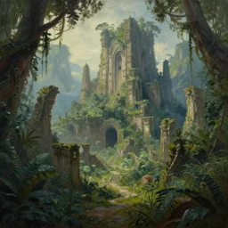 Trending on artstation, beautiful jungle ruins lost city, detailed matte painting, oil on canvas
