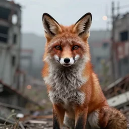 fox person in an abandoned city, post apocalyptic. artstation, digital painting, background bokeh, realism, illustration, amazing art, award winning, trending