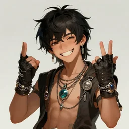 a boy with black hair dressed as a demigod with fingerless gloves, pendants, chains and jewelry and a big smile and friendly demeanor. Concept art. Trending on Artstation. By Ilya Repin, Meyoco