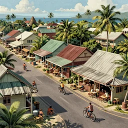 a quaint fijian island town, street, shops, restaurant, street - level view, bicycles, digital illustration, art by artgerm, trending on artstation, intricate, amazing detail, concept art, sharp focus, cinematic lighting
