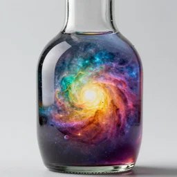 close up photo of a glass bottle that is filled with a colorful universe, studio photo, epic composition