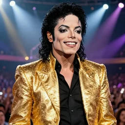 close - up award - winning hyperdetailed photograph of 5 0 year old thin!!!! skinny!!!!! michael jackson smiling on stage at his concert, wearing gold sparkling suit with shoulder pads, spotlights and flashing colors behind him, massive crowd, stunning lighting, studio quality, 4 k, this is it, vevo 2 0 0 9