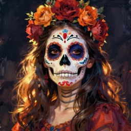 Illustration of a sugar skull day of the dead girl, art by dorothy lathrop
