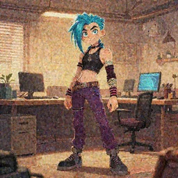 portrait  hot Jinx in Silco office, Arcane cartoon series Netflix, full length shot, shining, 8k highly detailed, sharp focus, illustration, art by artgerm, mucha, bouguereau