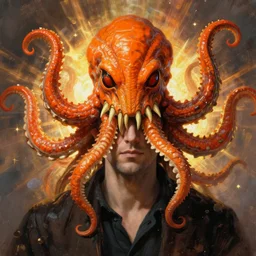 portrait of man with head of orange cthulhu by greg rutkowski in the style of moebius