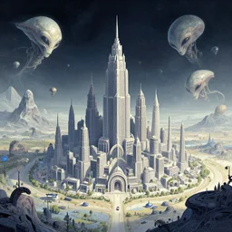 a beautiful illustration of an alien city on an strange alien world by Daniel merriam| sparth:.2 | Time white:.3 | Rodney Mathews:.5 | Graphic Novel, Visual Novel, Colored Pencil, Comic Book:.2