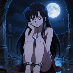Erza Scarlett chained and shackled, upset, tears in eyes | Somber moon | wet Dungeon Chamber | Big Moon at Night | strong blue rimlit | visual-key | anime illustration | highly detailed