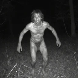 bad quality blurry nightfootage nightcam black and white trailcam footage of native weird distorted Man male human body Skinwalker transforming into an animal, low resolution, compressed