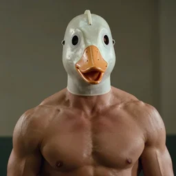 film still of an extremely muscular man wearing a plastic goose mask, 1 9 9 8 movie
