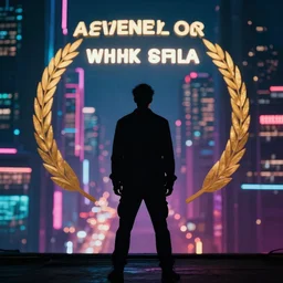 one man silhouette standing in front of a cyberpunk city, neon lights, bokeh, award wining photograph, movie still,