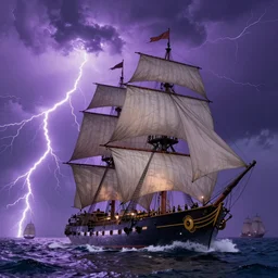 fleet of giant sailing battleships, raging sea purple lightningstorm, dramatic, action scene, lightningstorm background, shipfleet on the horizon, high detail, greg rutkowski, james gurney, gene wolfe, gustave dore, jesper ejsing, rhads, makoto shinkai, ilya kuvshinov