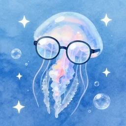 a space jellyfish wearing glasses, glasses frames, artstation, stars, water bubbles, watercolor