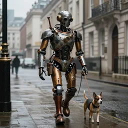 steampunk robot walking his dog on the street in victorian London on a rainy day. photorealistic. cinematic. digital art.