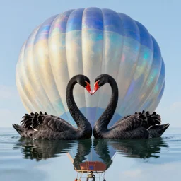 realistic extremely detailed  photo style  painting of a hot air balloon with a picture of two black swans swimming, touching heads, forming a heart with their necks, granular detail, holographic krypton ion, octane render, 4k, f32,55mm photography, wide angle