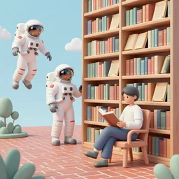 bookshelf, stunning astronauts, brick streets, ancient manuscripts, a reader in a chair, nordic pastel colors, 3 d art, digital illustration, perfect lighting