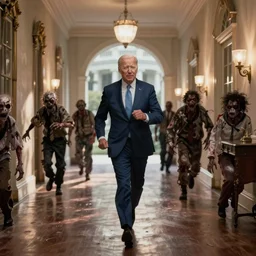detailed Joe Biden running away through the halls of the White House, zombies following him in the background