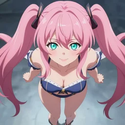 stunningly beautiful omnipotent megalomaniacal anime goddess who looks like junko enoshima with symmetrical perfect face and porcelain skin, pink twintail hair and cyan eyes, looking down upon the viewer and taking control while smiling in a mischievous way, mid view from below her feet taken in an extremely low angle, hyperdetailed, 2 d 8 k