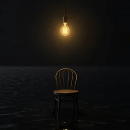 a single chair under a lightbulb, black water lake, artstation, surreal, black void, claustrophobic, masterpiece by rembrandt, chiaroscuro, golden black