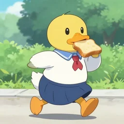 Japanese anime style painting depicting an anthropomorphic duck dressed in a school uniform running to school while eating a piece of toast.