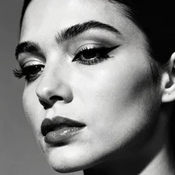 black and white vogue closeup portrait by herb ritts of a beautiful female model, persian, mascara, high contrast