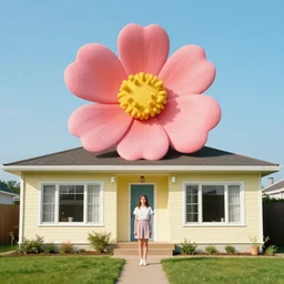 giant flower head, full body, girl standing by 1 9 6 0 house, surreal photography, symmetry, mid century, flat light, bright colours, blue sky, realistic, wes anderson