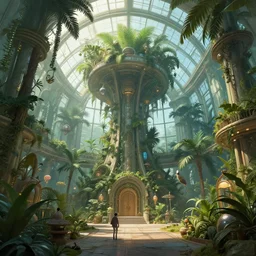Matte painting of the interior view of giant botanical museum. Lunarpunk. Fantastical, detailed digital art trending in artstation