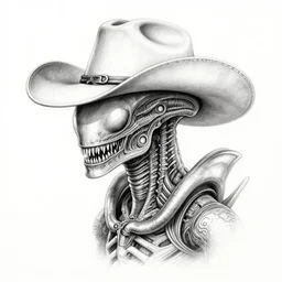 a pencil sketch of a xenomorph wearing a cowboy hat, white background, fine detail, 8 k details