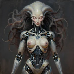 perfectly centered portrait, front view of a beautiful biomechanical android alien robot buddha, female, flowing hair, intense stare, sarcastic smile, symmetrical, concept art, intricate detail, volumetric shadows and lighting, realistic oil painting by tim hildebrandt and greg rutkowski,