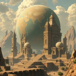 an ancient solarpunk city with temples with a giant sphere by marc simonetti and caspar david friedrich, trending on artstation