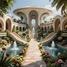 kingdom of heaven and paradise, walkways, canals, stairs, fountains and arches, lush flowers and vegetation, marc simonetti, sci - fi, zaha hadid, detailed futuristic classical architecture, maya render, raytracing, photography, weta digital, by weta fx