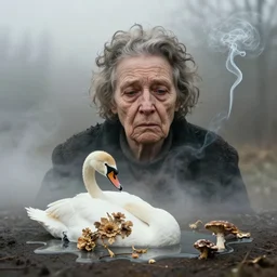 photographic portrait of wrinkly sad max ernst woman swan dried melting floral fungus with spiraling cigarette smoke, in fog