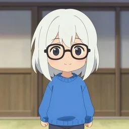anime cute chibi girl in blue sweater white white pale hair black glasses standing gentle smile background by greg rutkowski makoto shinkai kyoto animation key art feminine mid shot wlop madhouse, ufotable, comixwave films, trending on artstation