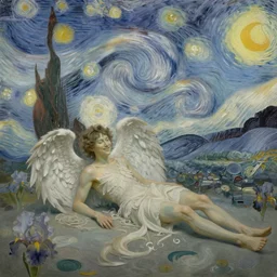 fallen angels by karol bak and ruan jia and vincent van gogh, smiling, moody neutral pastels, iris van herpen visionary dreams, symbolism, james jean spiral clouds, imagination, daydreams and nightmare, a grand scene in hell