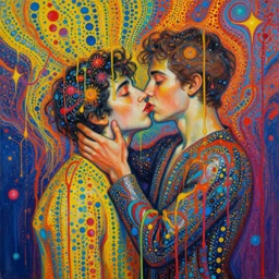 a man being overcome by love, psychedelic dripping colors, detailed painting by painting by man ray and pablo amaringo yayoi kusama